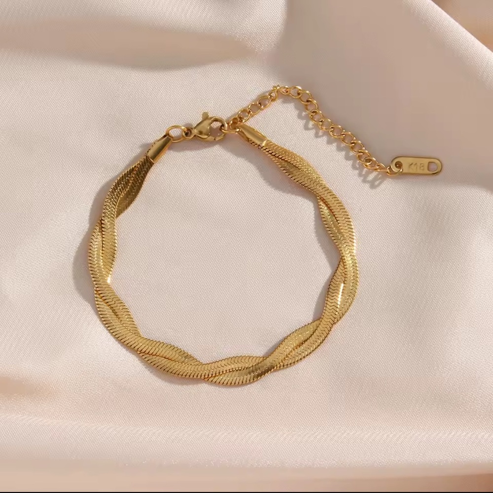 Braided New Herringbone Necklace Bracelet
 Gold 18K plated Set Stainless Steel - Picture 7 of 15